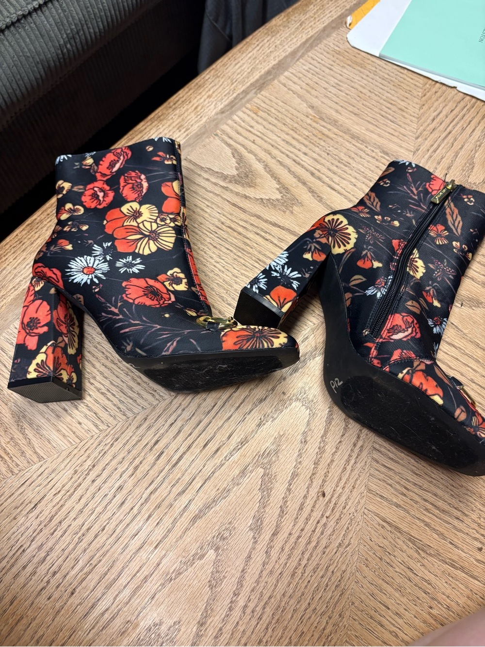 Floral Block Heel Ankle Boots - Black with Red & Yellow Flowers